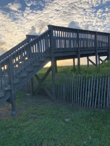 Wooden staircase to walkway across field